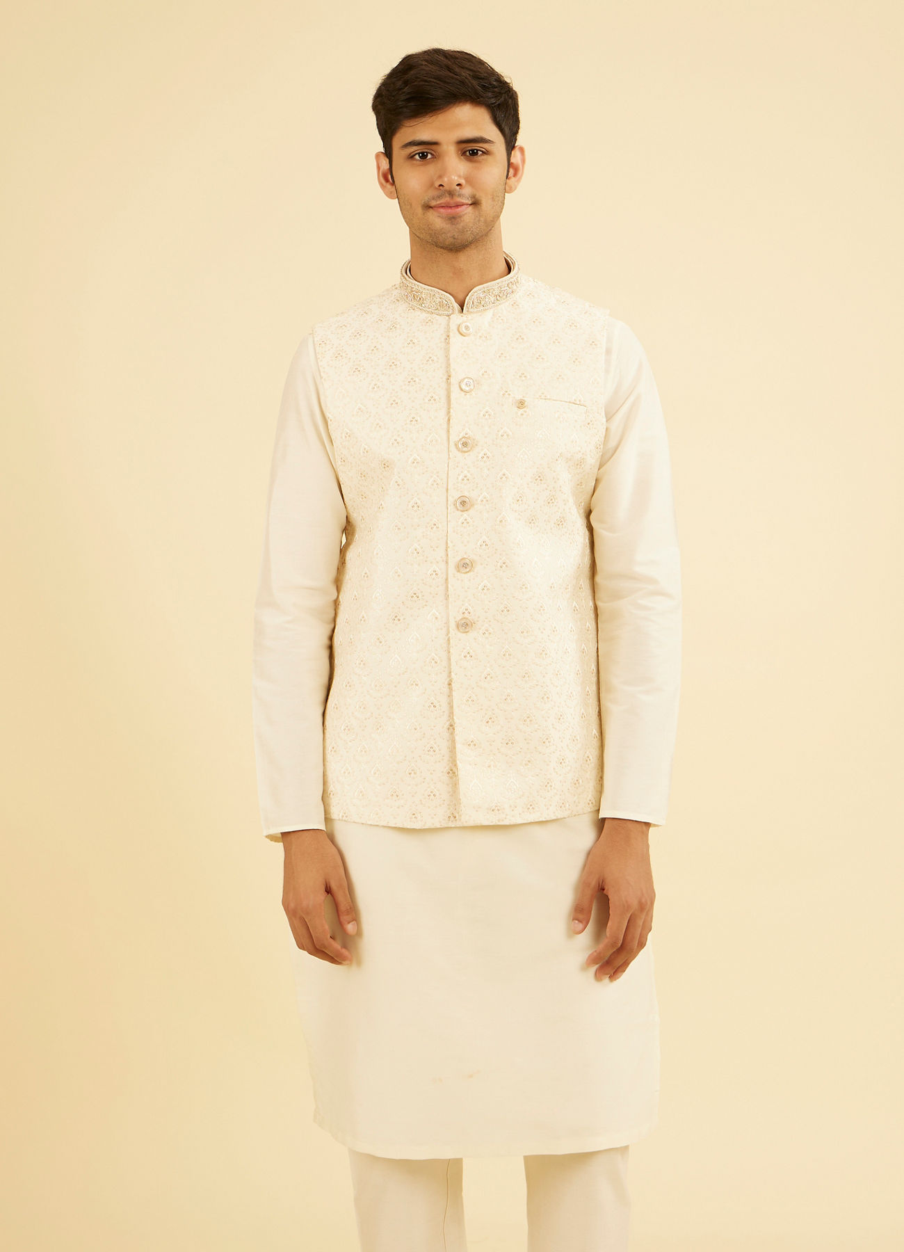 Manyavar Men Gleaming Cream Nehru Jacket