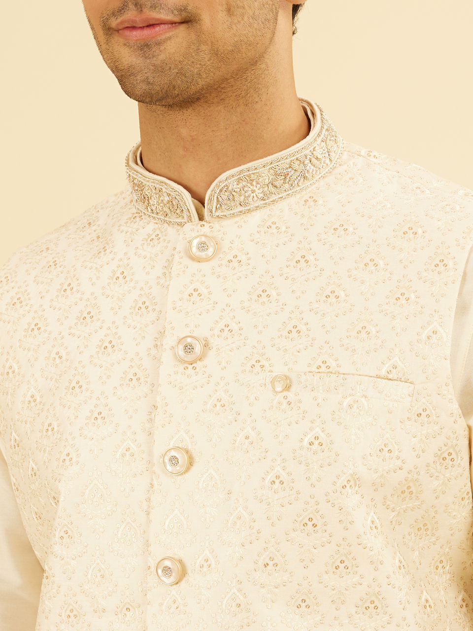 Manyavar Men Gleaming Cream Nehru Jacket
