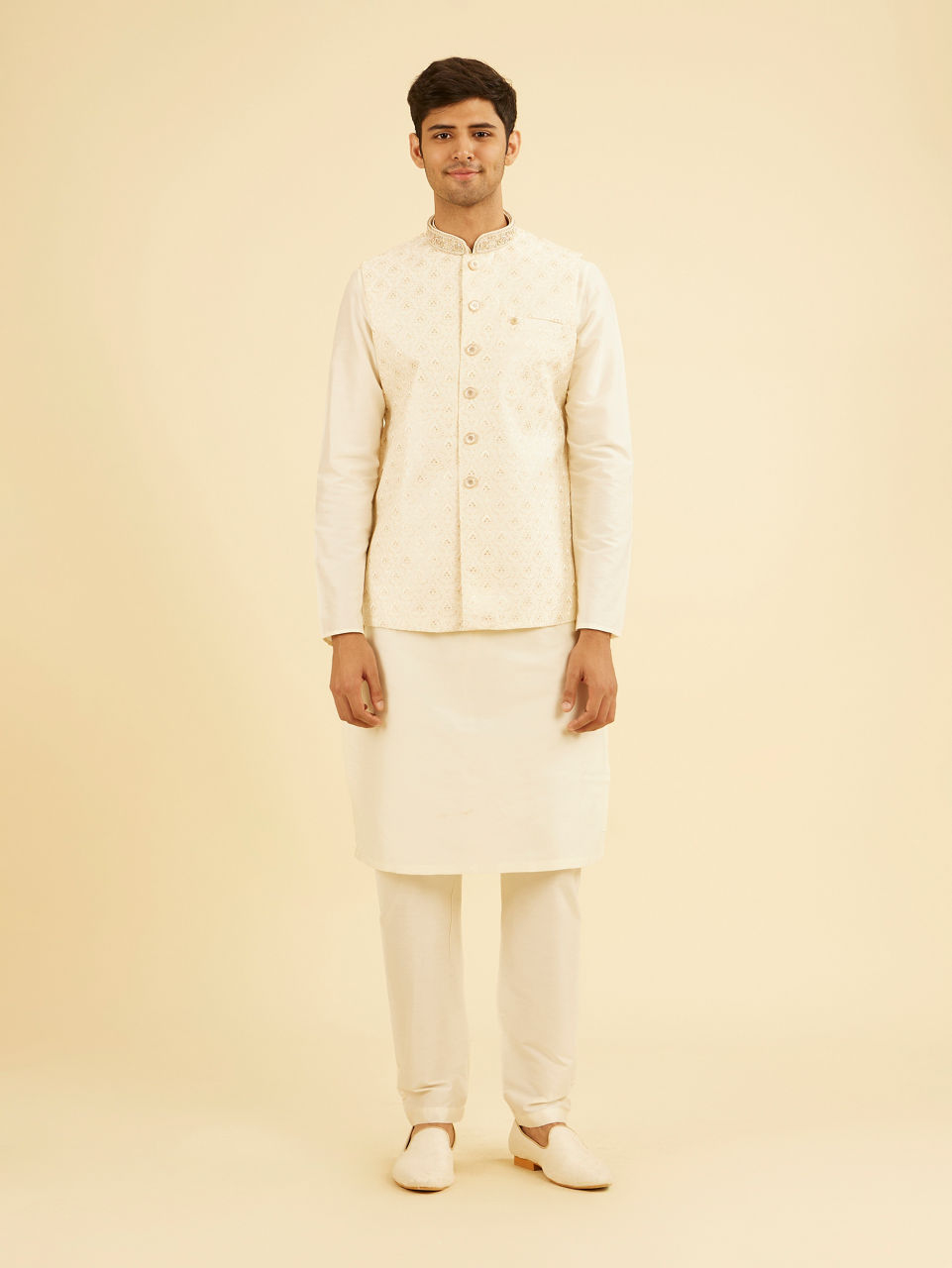 Manyavar Men Gleaming Cream Nehru Jacket