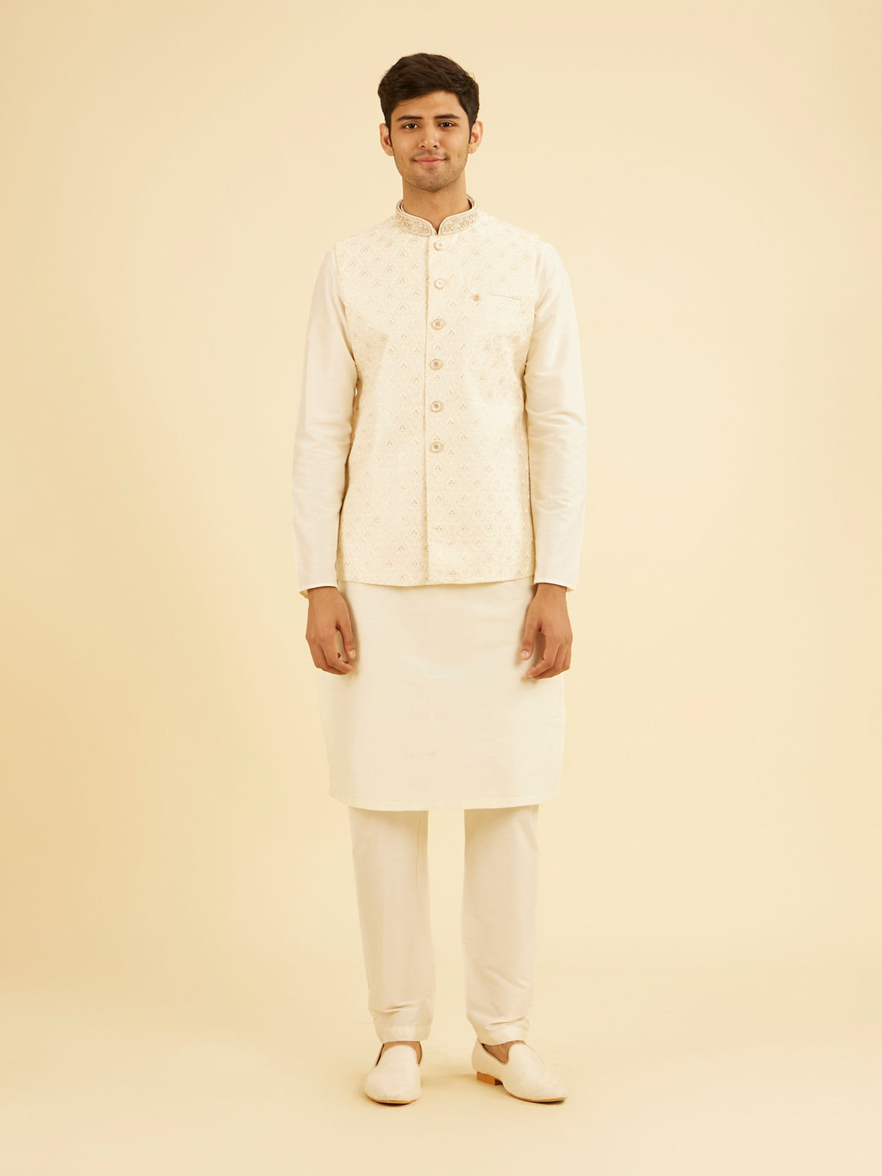 Manyavar Men Gleaming Cream Nehru Jacket
