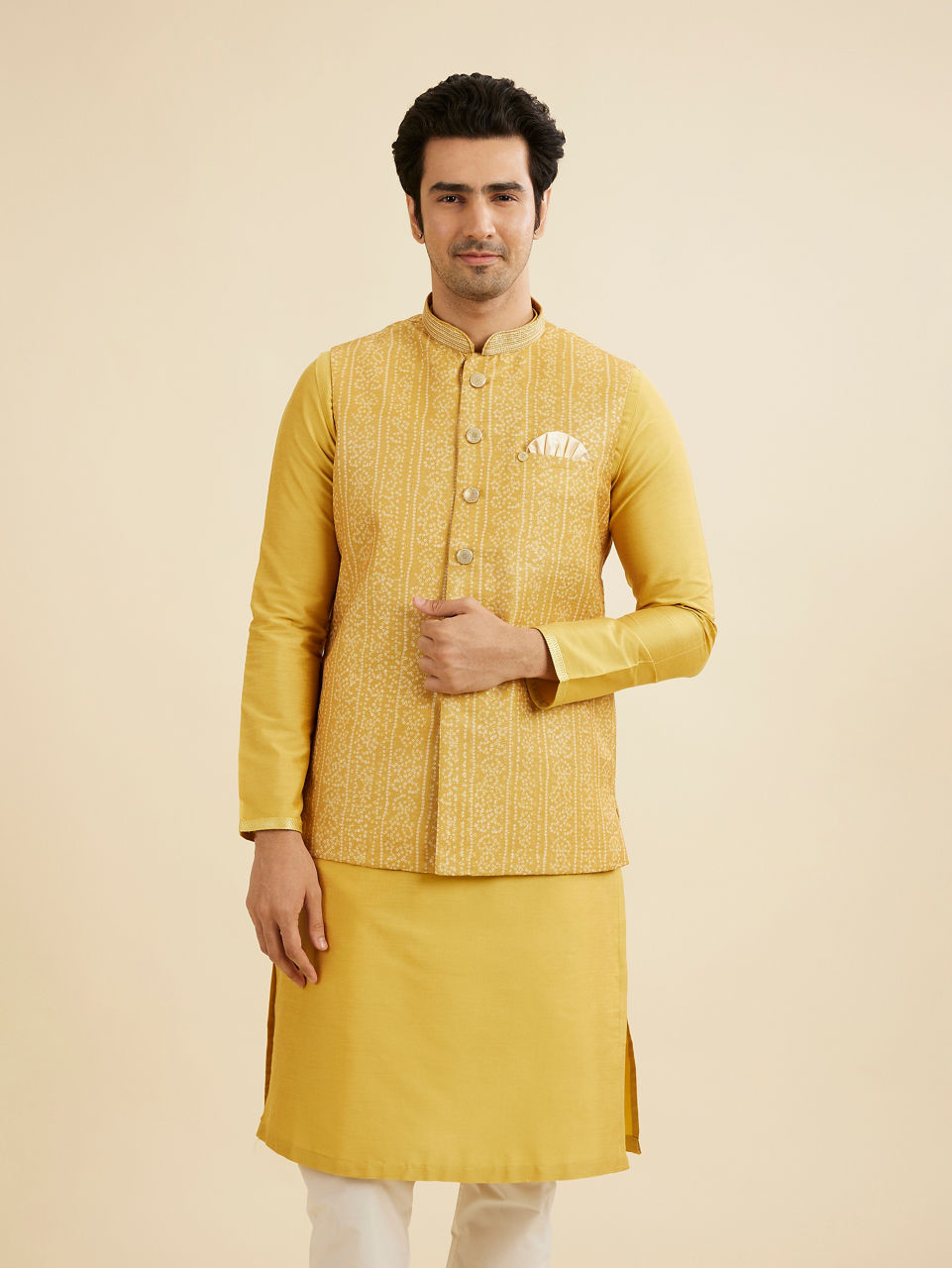Manyavar Men Mustard Yellow Bandhani Print Nehru Jacket