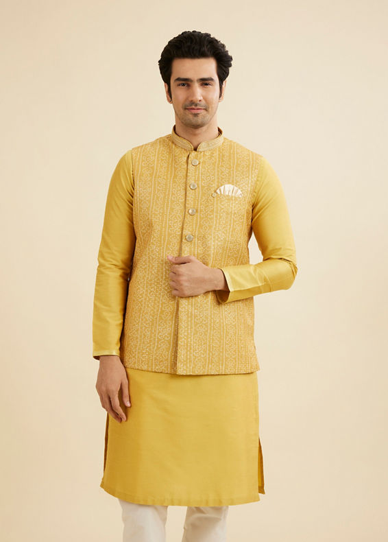 Manyavar Men Mustard Yellow Bandhani Print Nehru Jacket