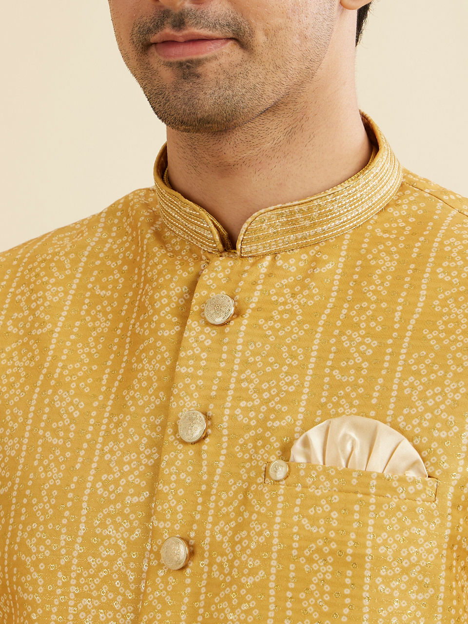 Manyavar Men Mustard Yellow Bandhani Print Nehru Jacket