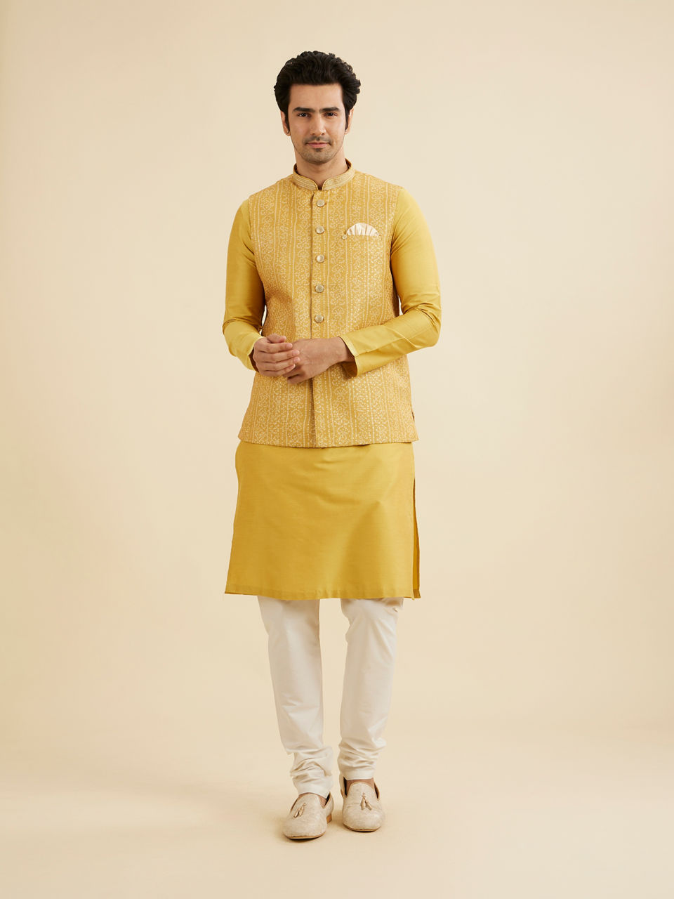 Manyavar Men Mustard Yellow Bandhani Print Nehru Jacket