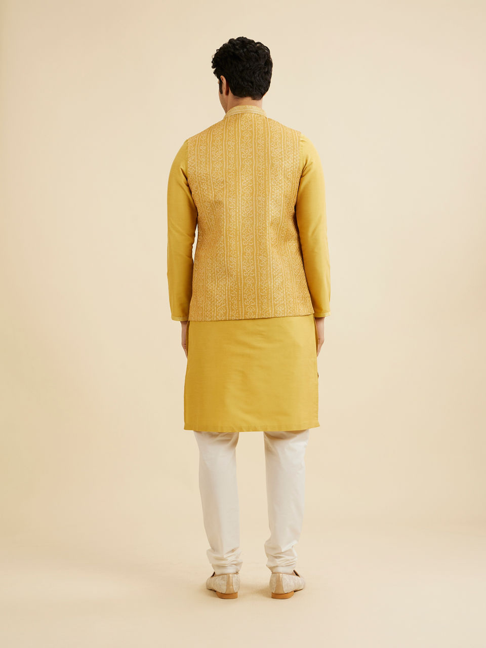 Manyavar Men Mustard Yellow Bandhani Print Nehru Jacket