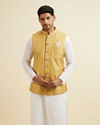 alt message - Manyavar Men Mustard Yellow Bandhani Print Nehru Jacket image number 0