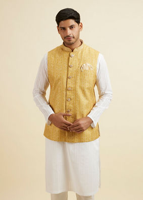 alt message - Manyavar Men Mustard Yellow Bandhani Print Nehru Jacket