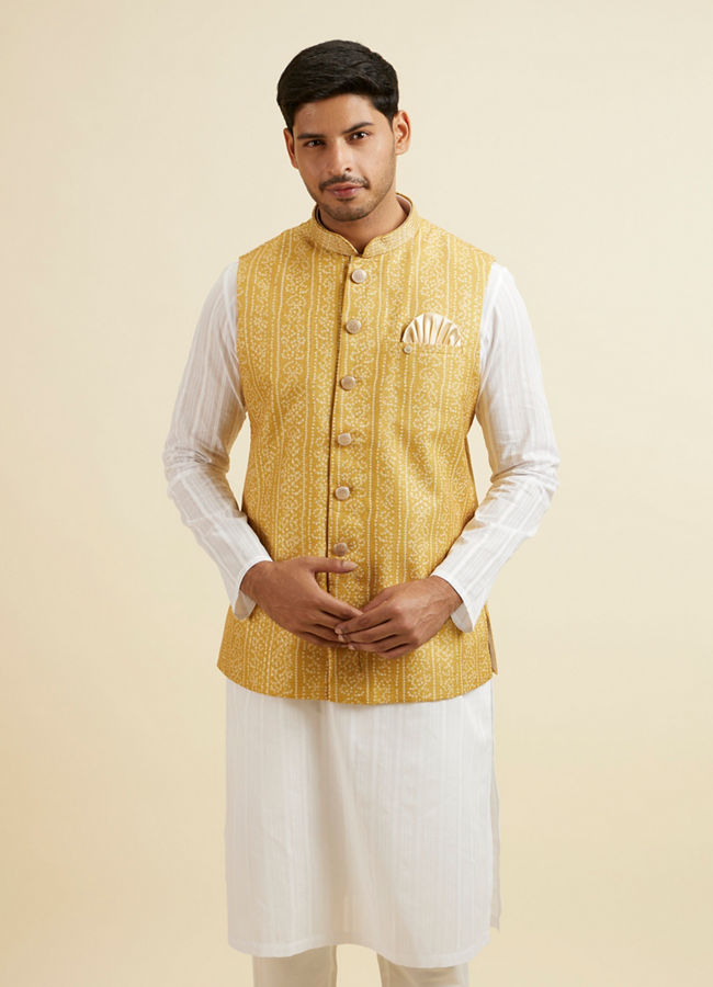 alt message - Manyavar Men Mustard Yellow Bandhani Print Nehru Jacket image number 0