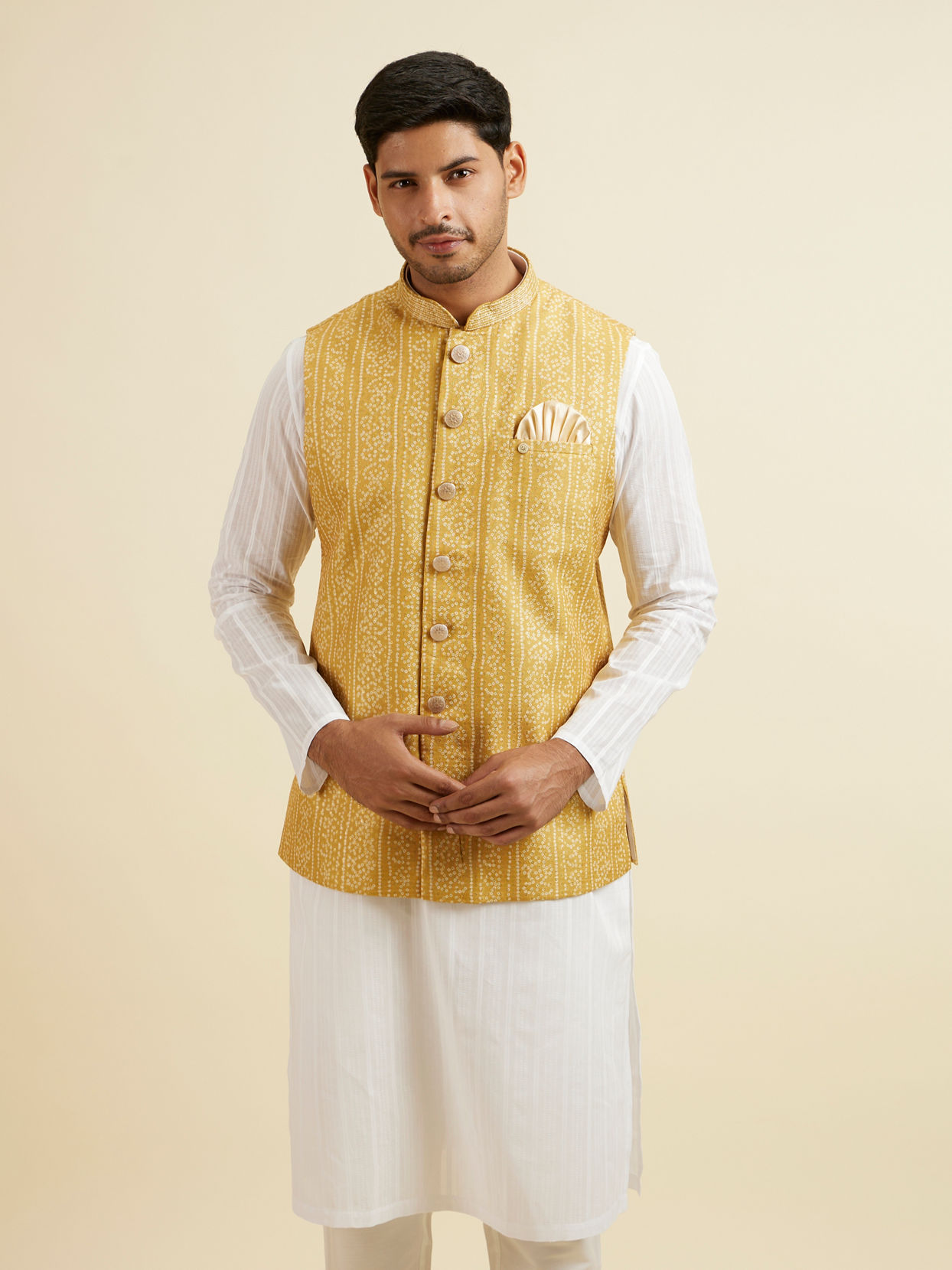 alt message - Manyavar Men Mustard Yellow Bandhani Print Nehru Jacket image number 0