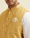 alt message - Manyavar Men Mustard Yellow Bandhani Print Nehru Jacket image number 1