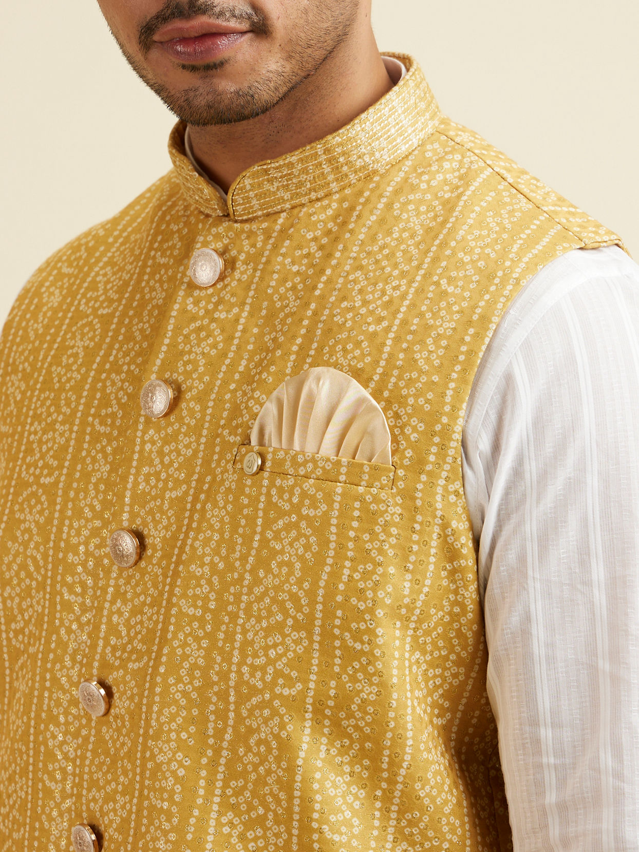 alt message - Manyavar Men Mustard Yellow Bandhani Print Nehru Jacket image number 1