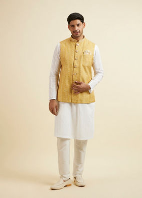 alt message - Manyavar Men Mustard Yellow Bandhani Print Nehru Jacket image number 1