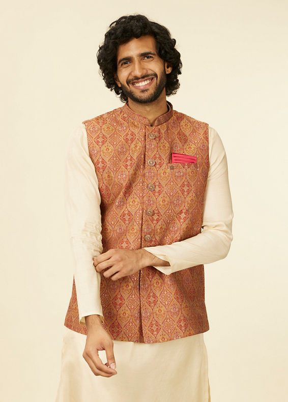 alt message - Manyavar Men Rust Red Paisley Patterned Nehru Jacket