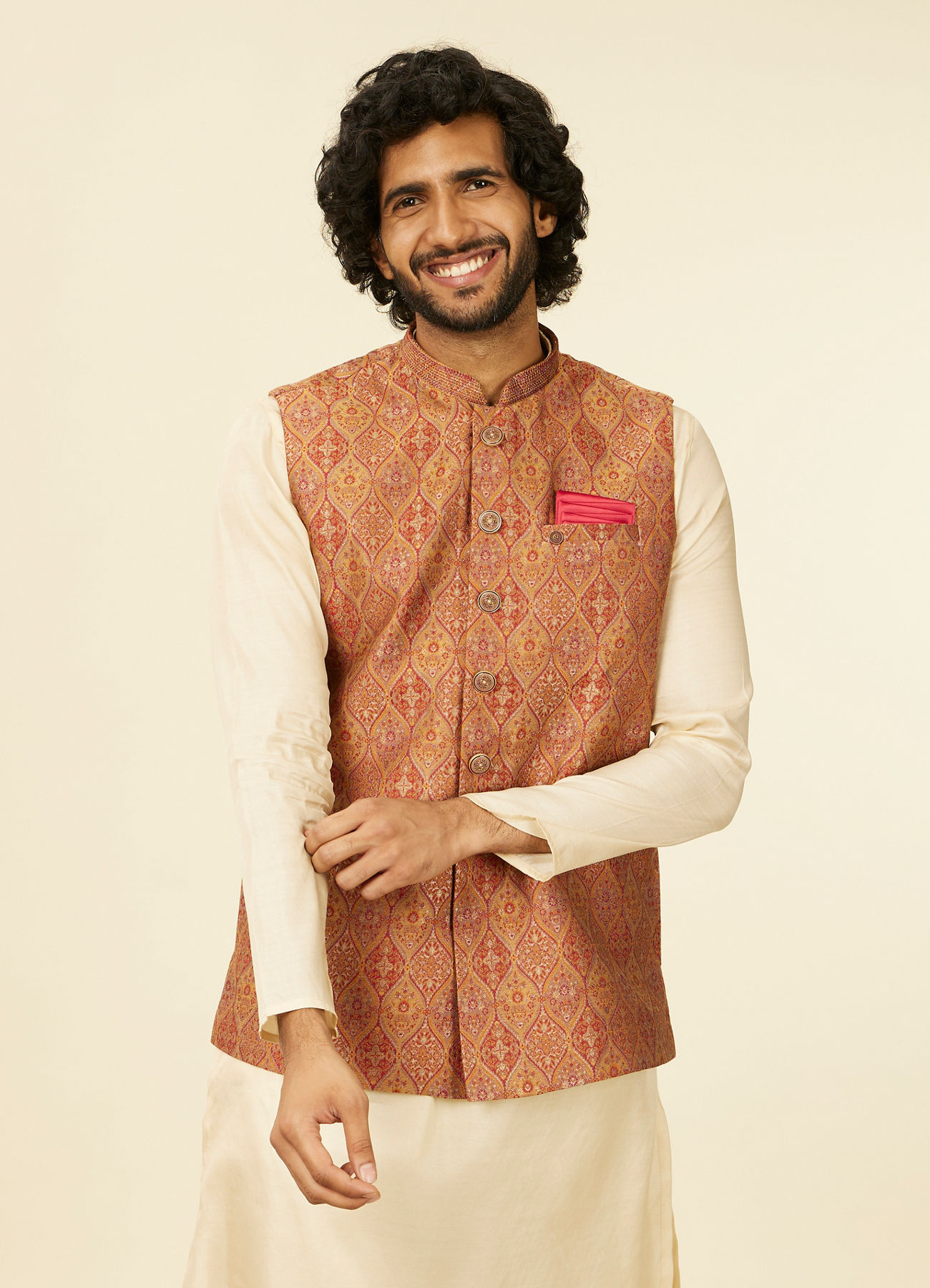 Manyavar Men Rust Red Paisley Patterned Nehru Jacket