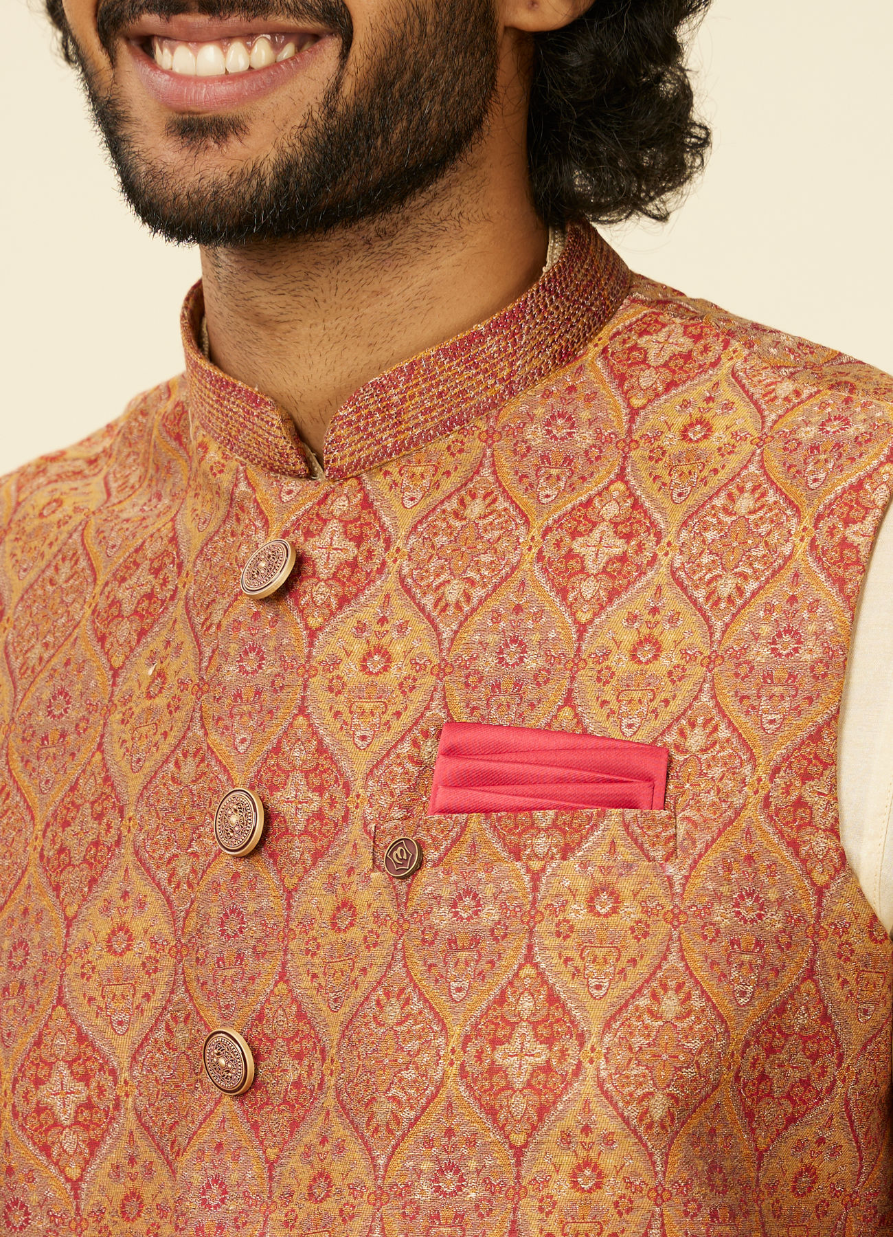 Manyavar Men Rust Red Paisley Patterned Nehru Jacket