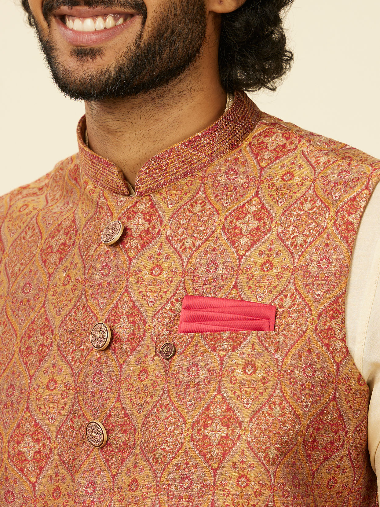 alt message - Manyavar Men Rust Red Paisley Patterned Nehru Jacket image number 1