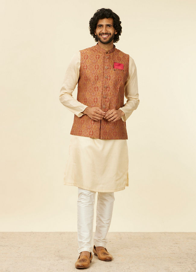 alt message - Manyavar Men Rust Red Paisley Patterned Nehru Jacket image number 2