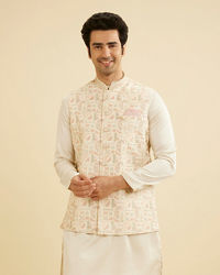 Manyavar Men Cream Satin Nehru Jacket