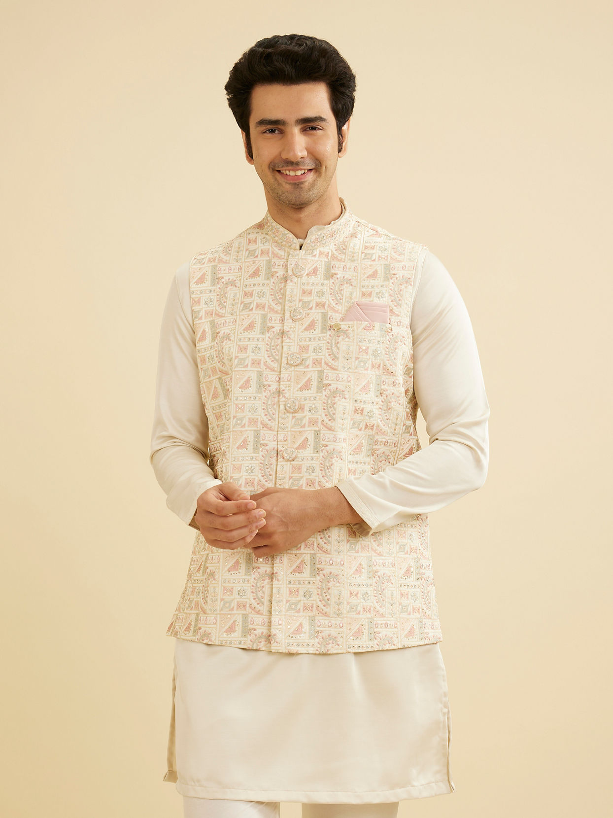 Manyavar Men Cream Satin Nehru Jacket image number 0