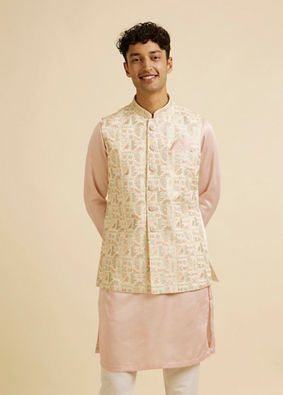 alt message - Manyavar Men Cream Satin Nehru Jacket