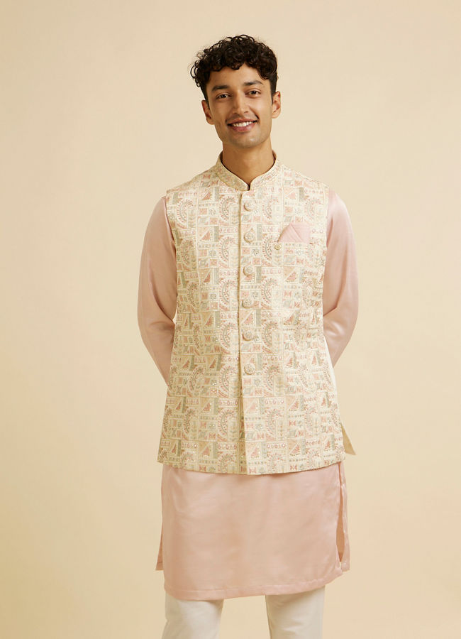 alt message - Manyavar Men Cream Satin Nehru Jacket image number 0