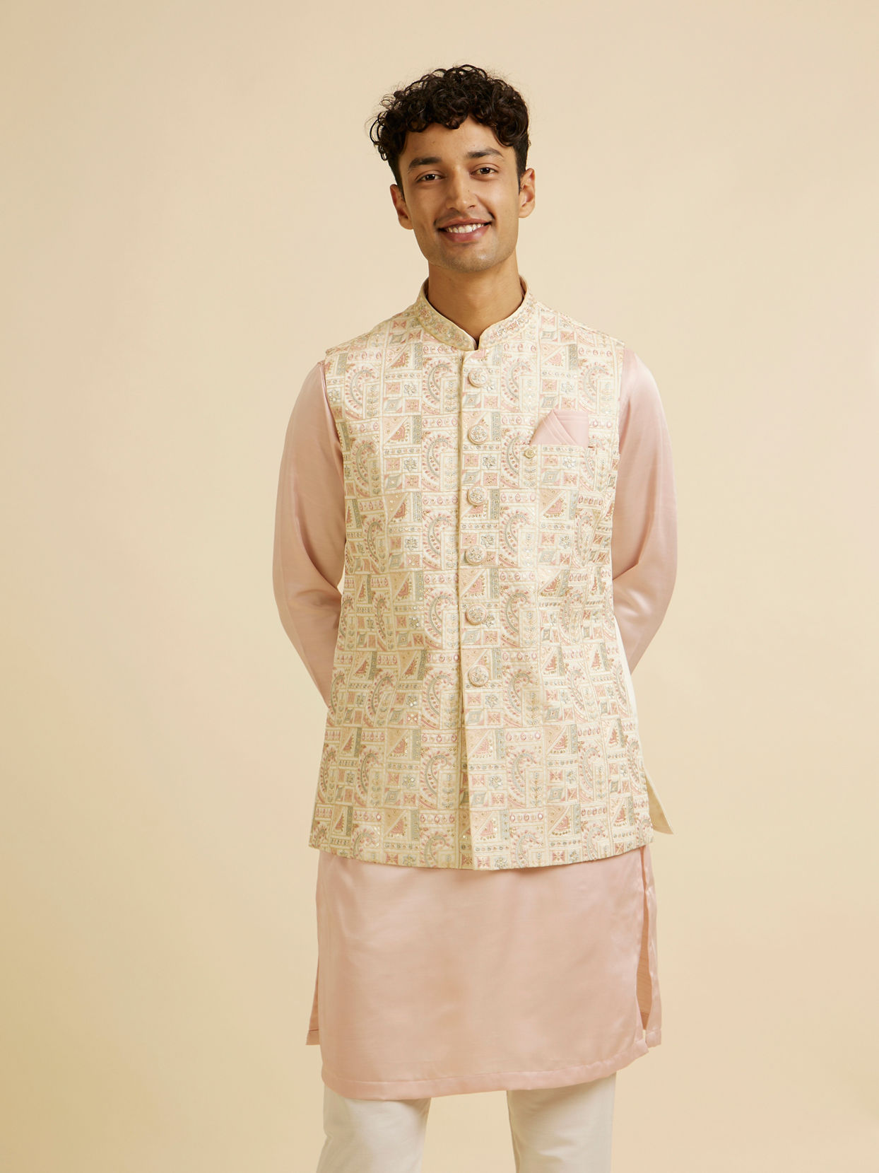 alt message - Manyavar Men Cream Satin Nehru Jacket image number 0