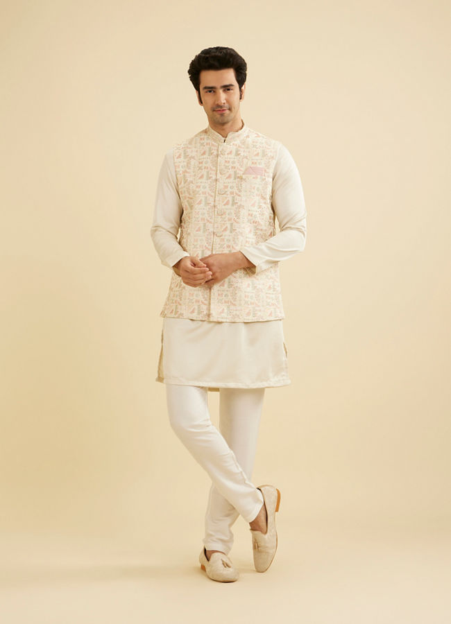 Manyavar Men Cream Satin Nehru Jacket image number 2