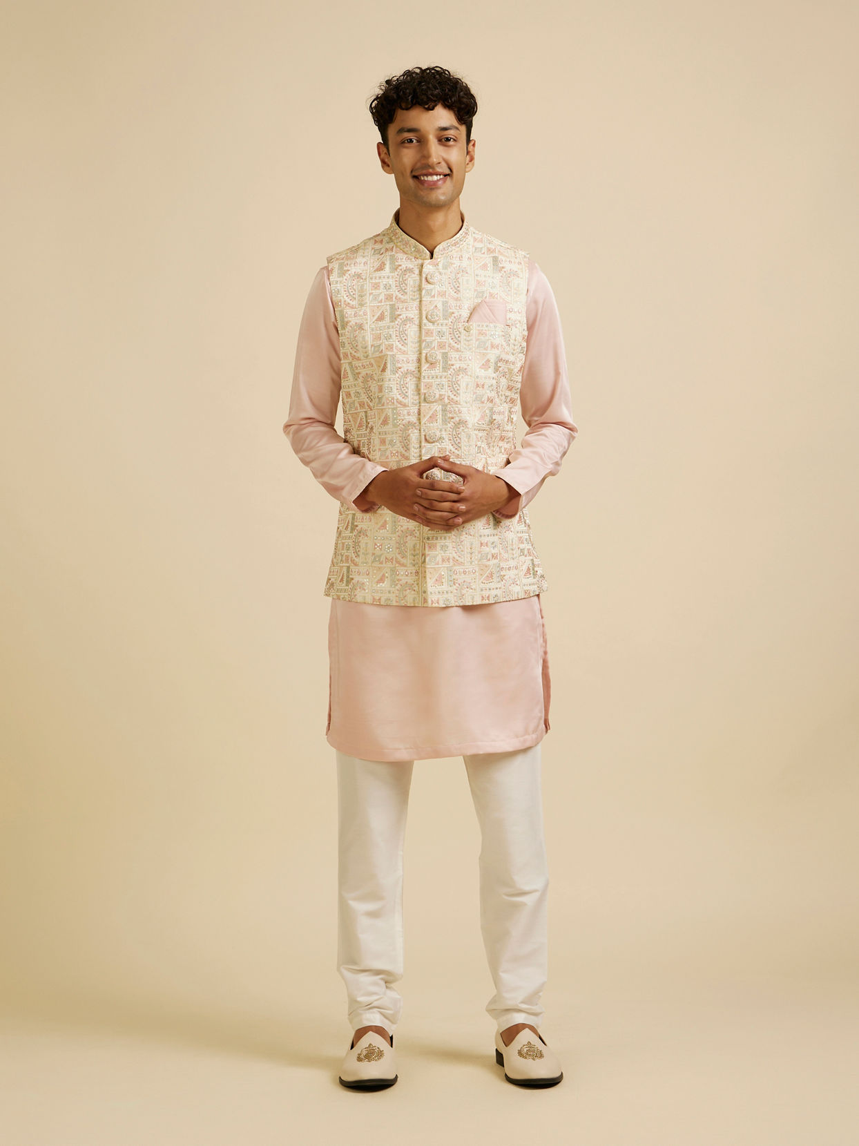 alt message - Manyavar Men Cream Satin Nehru Jacket image number 2