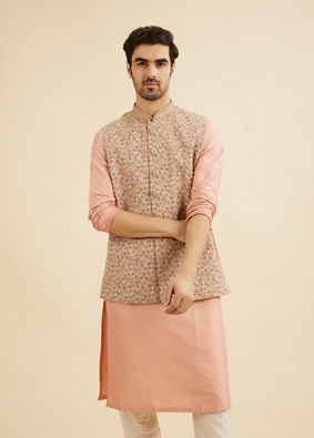 Manyavar Men Cream Beige Floral Patterned Nehru Jacket