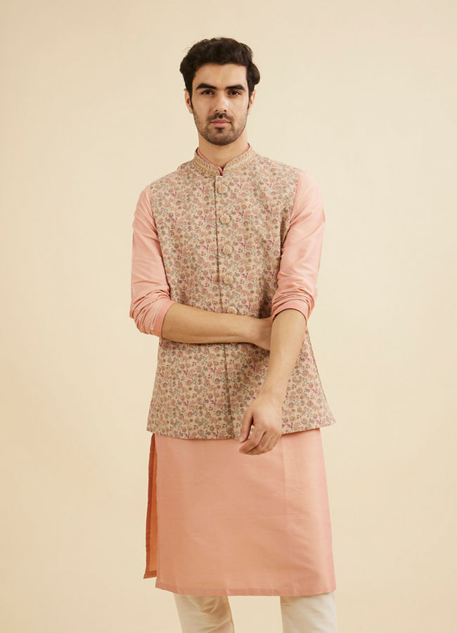 Manyavar Men Cream Beige Floral Patterned Nehru Jacket