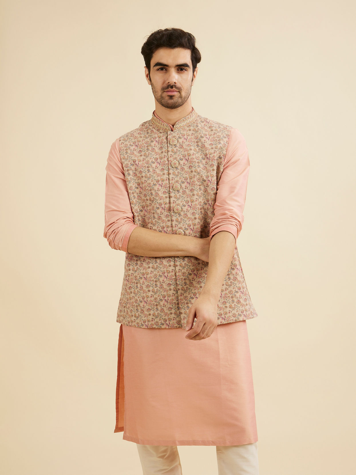Manyavar Men Cream Beige Floral Patterned Nehru Jacket