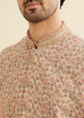 Manyavar Men Cream Beige Floral Patterned Nehru Jacket