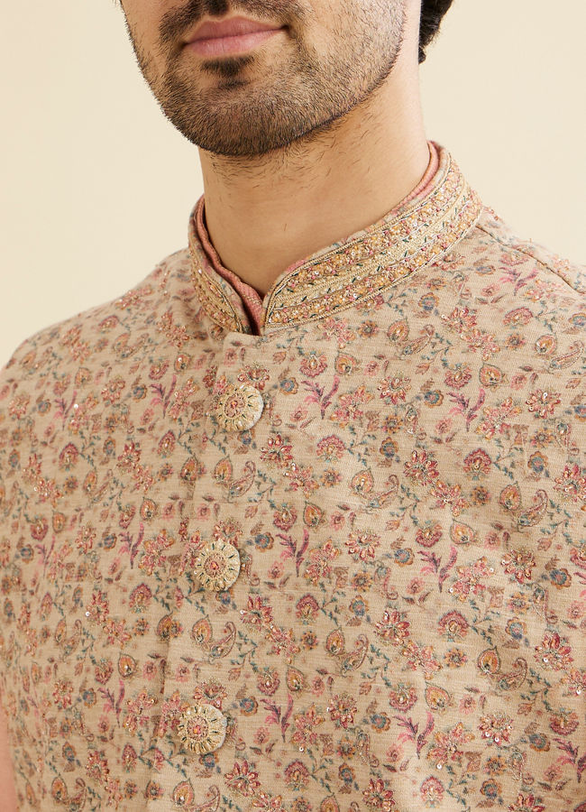 Manyavar Men Cream Beige Floral Patterned Nehru Jacket