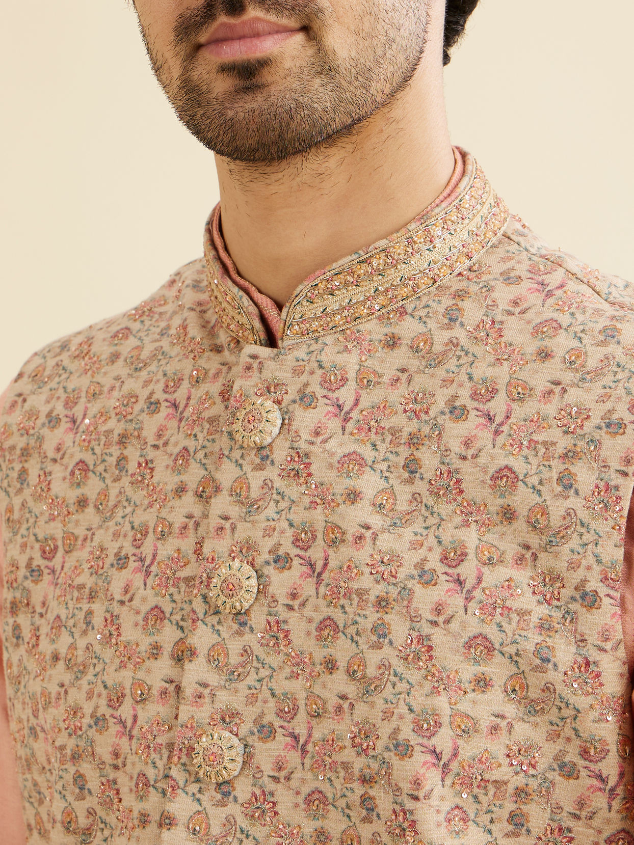 Manyavar Men Cream Beige Floral Patterned Nehru Jacket