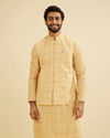 Manyavar Men Vibrant Yellow Nehru Jacket with All Over Print and Embroidery image number 0