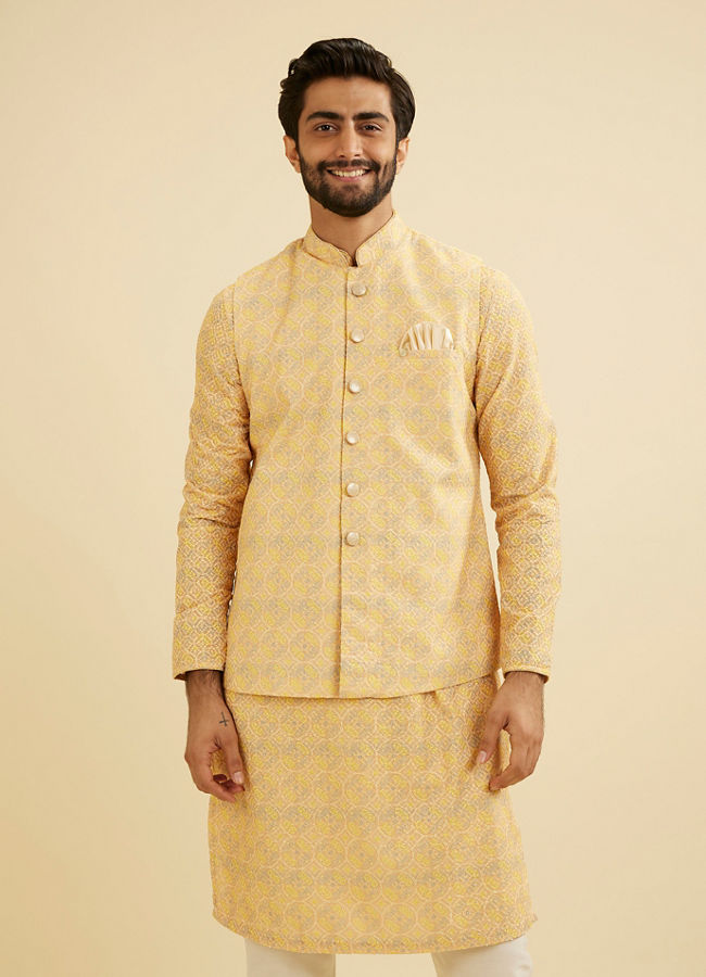 Manyavar Men Vibrant Yellow Nehru Jacket with All Over Print and Embroidery image number 0