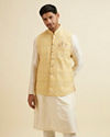 alt message - Manyavar Men Vibrant Yellow Nehru Jacket with All-Over Print and Embroidery image number 0