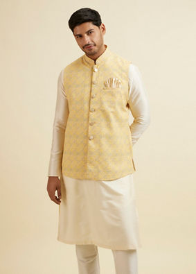 alt message - Manyavar Men Vibrant Yellow Nehru Jacket with All-Over Print and Embroidery image number 0