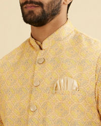 Manyavar Men Vibrant Yellow Nehru Jacket with All Over Print and Embroidery