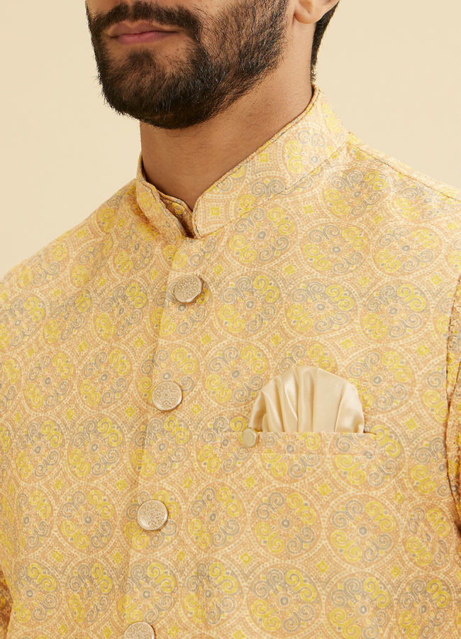 Manyavar Men Vibrant Yellow Nehru Jacket with All Over Print and Embroidery image number 1