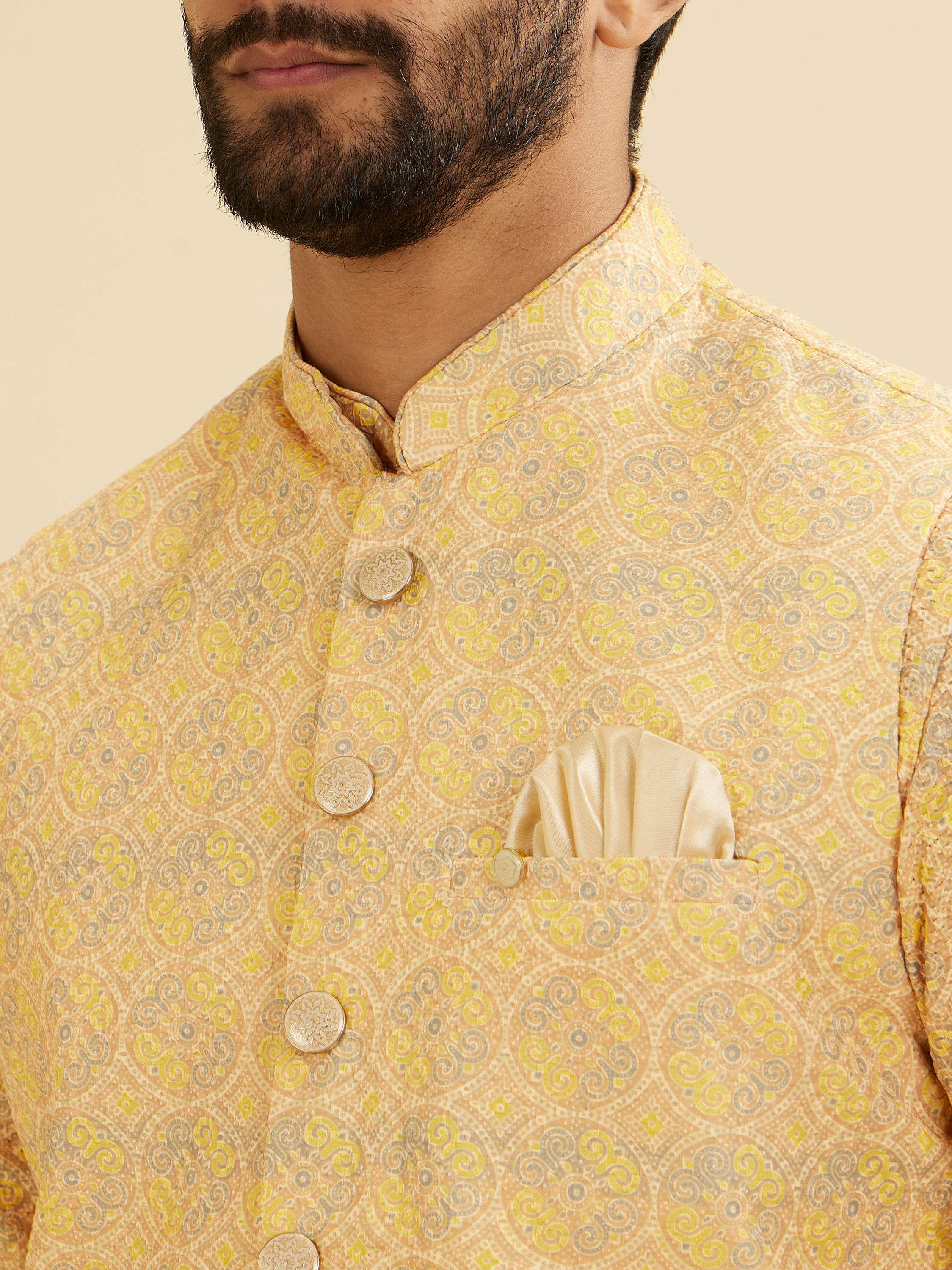 Manyavar Men Vibrant Yellow Nehru Jacket with All Over Print and Embroidery