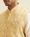 alt message - Manyavar Men Vibrant Yellow Nehru Jacket with All-Over Print and Embroidery image number 1