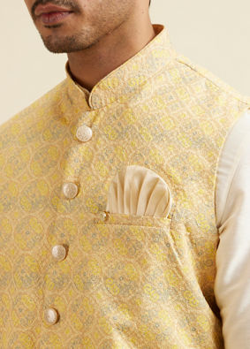alt message - Manyavar Men Vibrant Yellow Nehru Jacket with All-Over Print and Embroidery image number 1