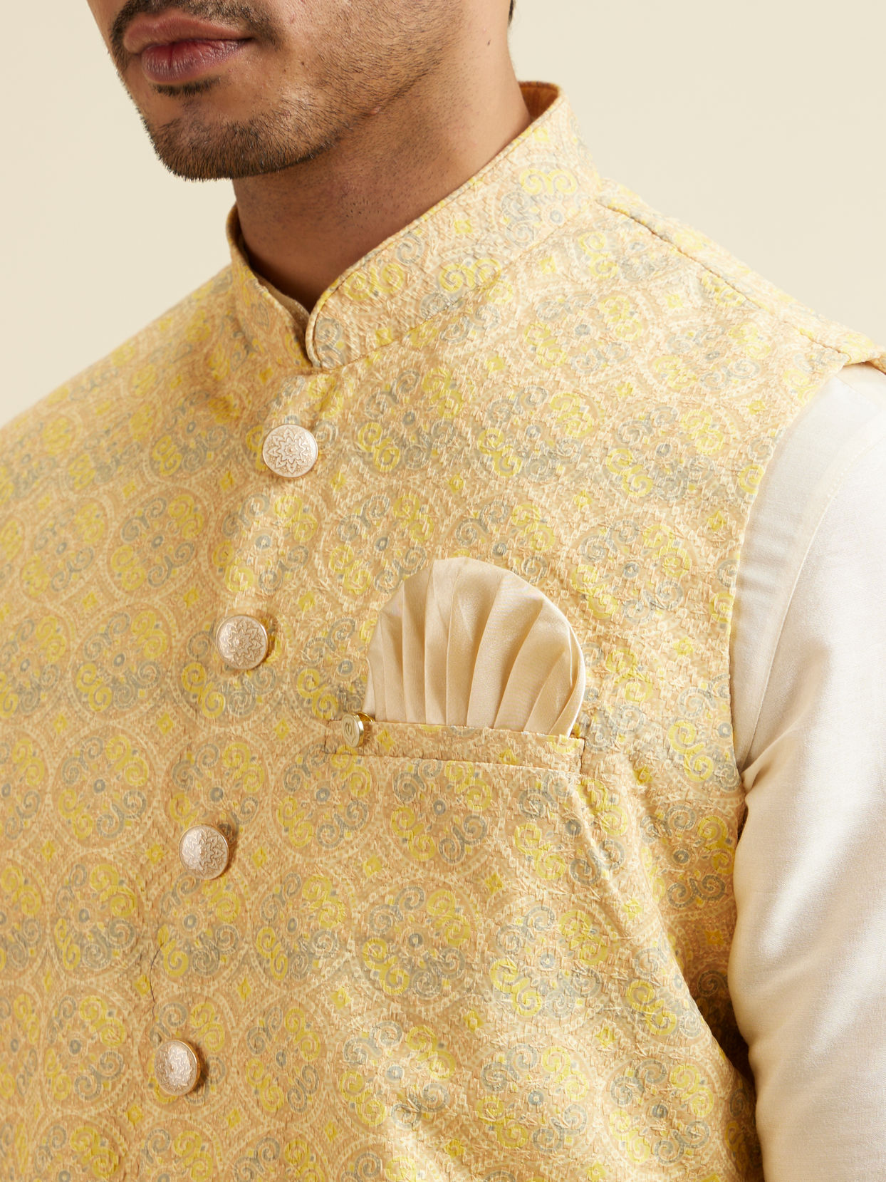 alt message - Manyavar Men Vibrant Yellow Nehru Jacket with All-Over Print and Embroidery image number 1