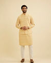 Manyavar Men Vibrant Yellow Nehru Jacket with All Over Print and Embroidery