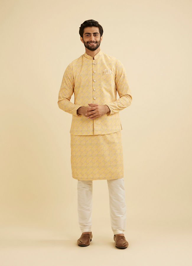Manyavar Men Vibrant Yellow Nehru Jacket with All Over Print and Embroidery