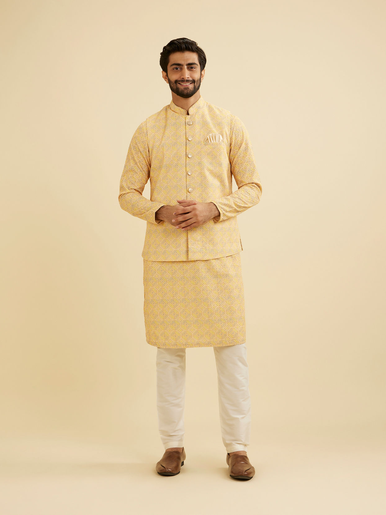 Manyavar Men Vibrant Yellow Nehru Jacket with All Over Print and Embroidery
