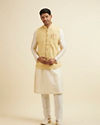 alt message - Manyavar Men Vibrant Yellow Nehru Jacket with All-Over Print and Embroidery image number 2