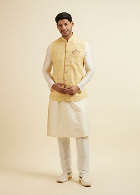 alt message - Manyavar Men Vibrant Yellow Nehru Jacket with All-Over Print and Embroidery image number 2