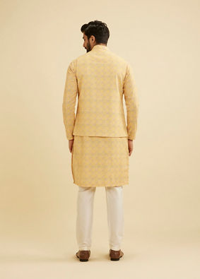 Manyavar Men Vibrant Yellow Nehru Jacket with All Over Print and Embroidery image number 3